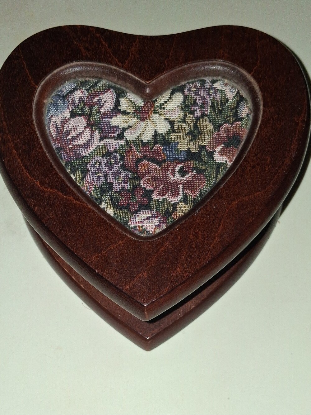 Vintage Heart-Shaped Wood Jewelry Box with Floral Fabric Inset - Brown